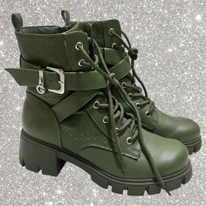 Guess Olive Green Combat Boots w/ Silver Buckle size 8.5